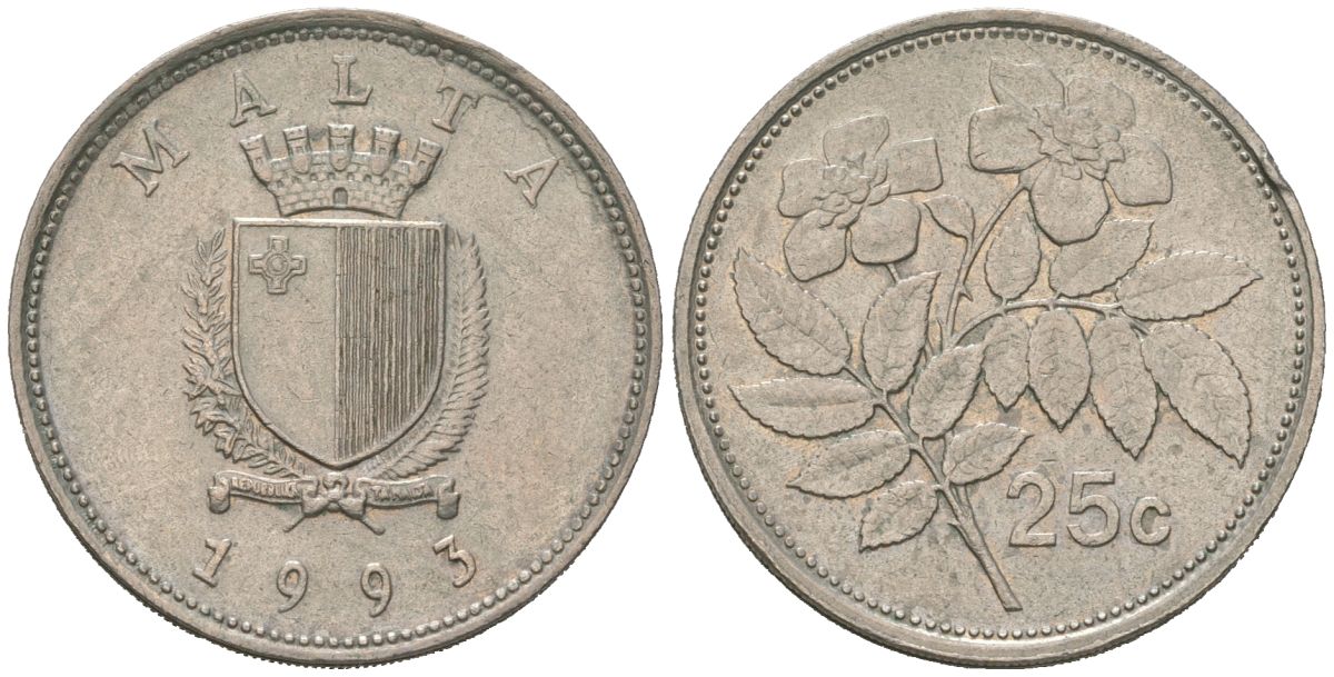 Мальта 25 центов 1993 шиповник вечнозелёный KM 97 медно-никель 183-1232