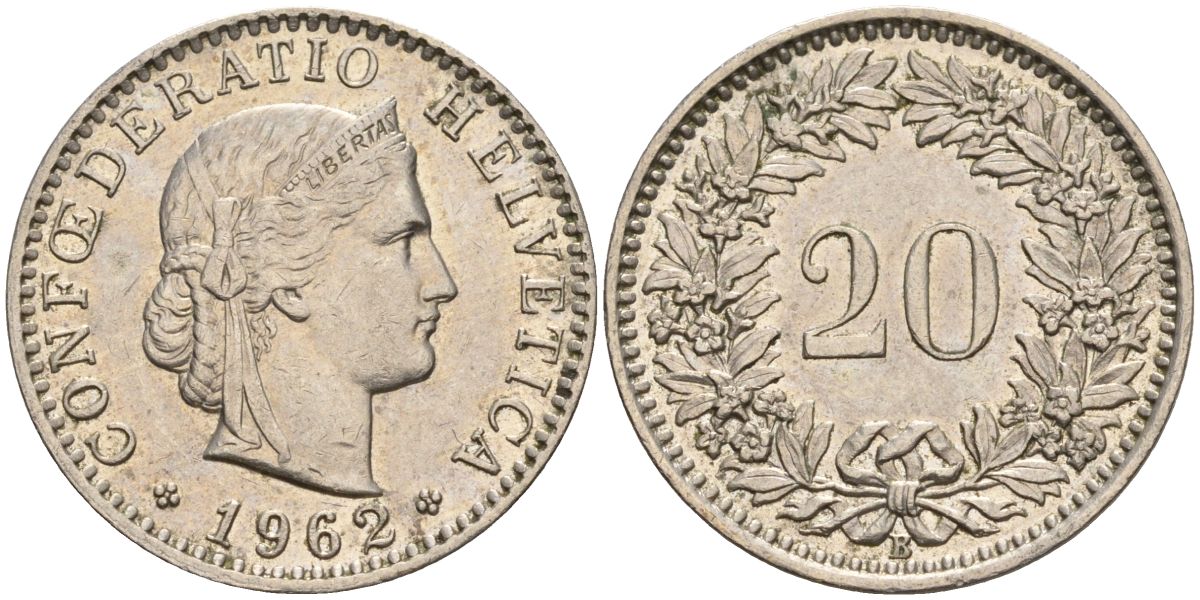 Швейцария 20 раппенов 1962 B KM 29a медно-никель 4606-755