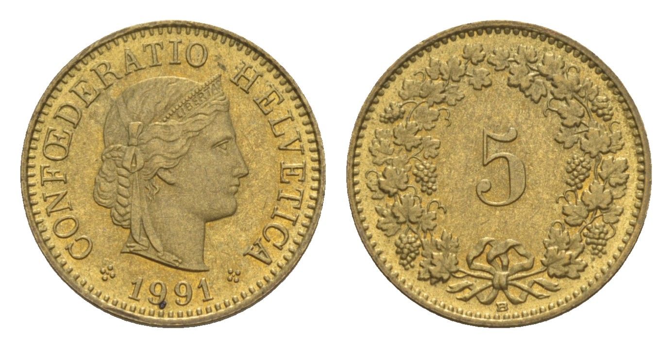 Швейцария 5 раппенов 1991 B KM 26c алюминиевая бронза 4609-255