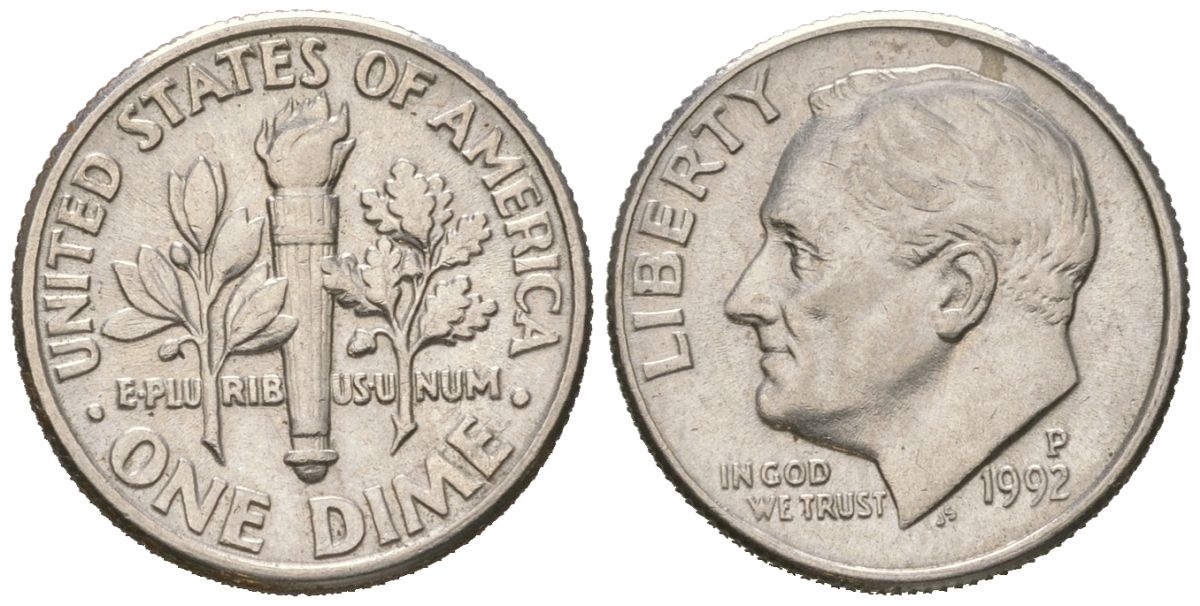 США 10 центов (дайм) 1992 P, президент Рузвельт KM 195a медь плакированная медно-никелем UNC 218-147