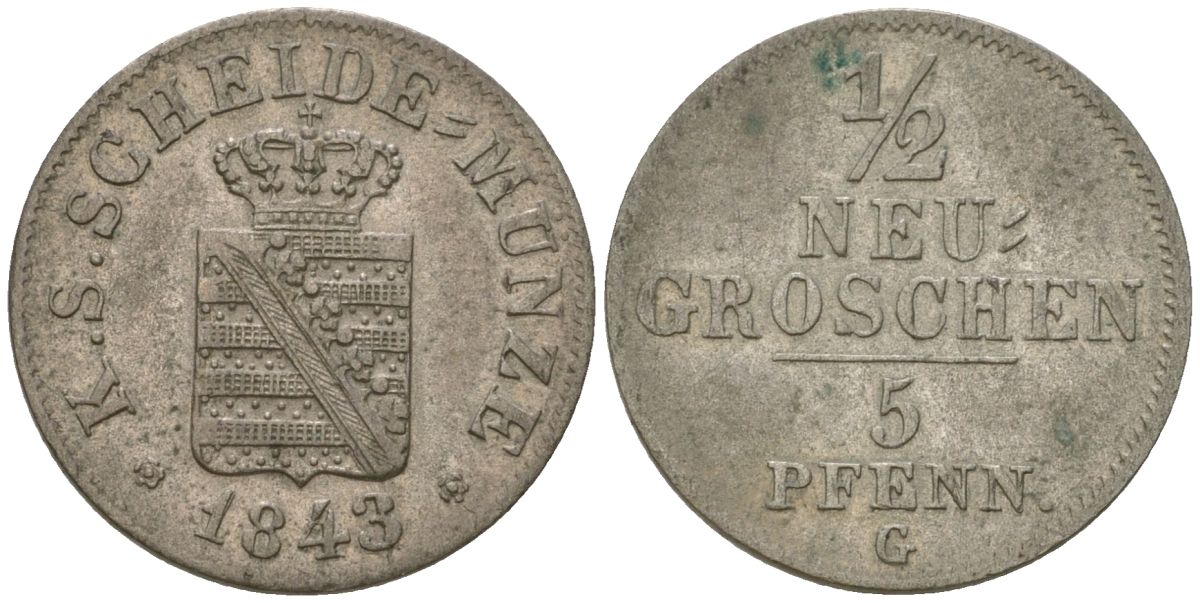 Саксония 1/2 новых гроша = 5 пфеннигов 1843 G, Фридрих Август II (1836-1854) KM 1158 серебро 4547-227
