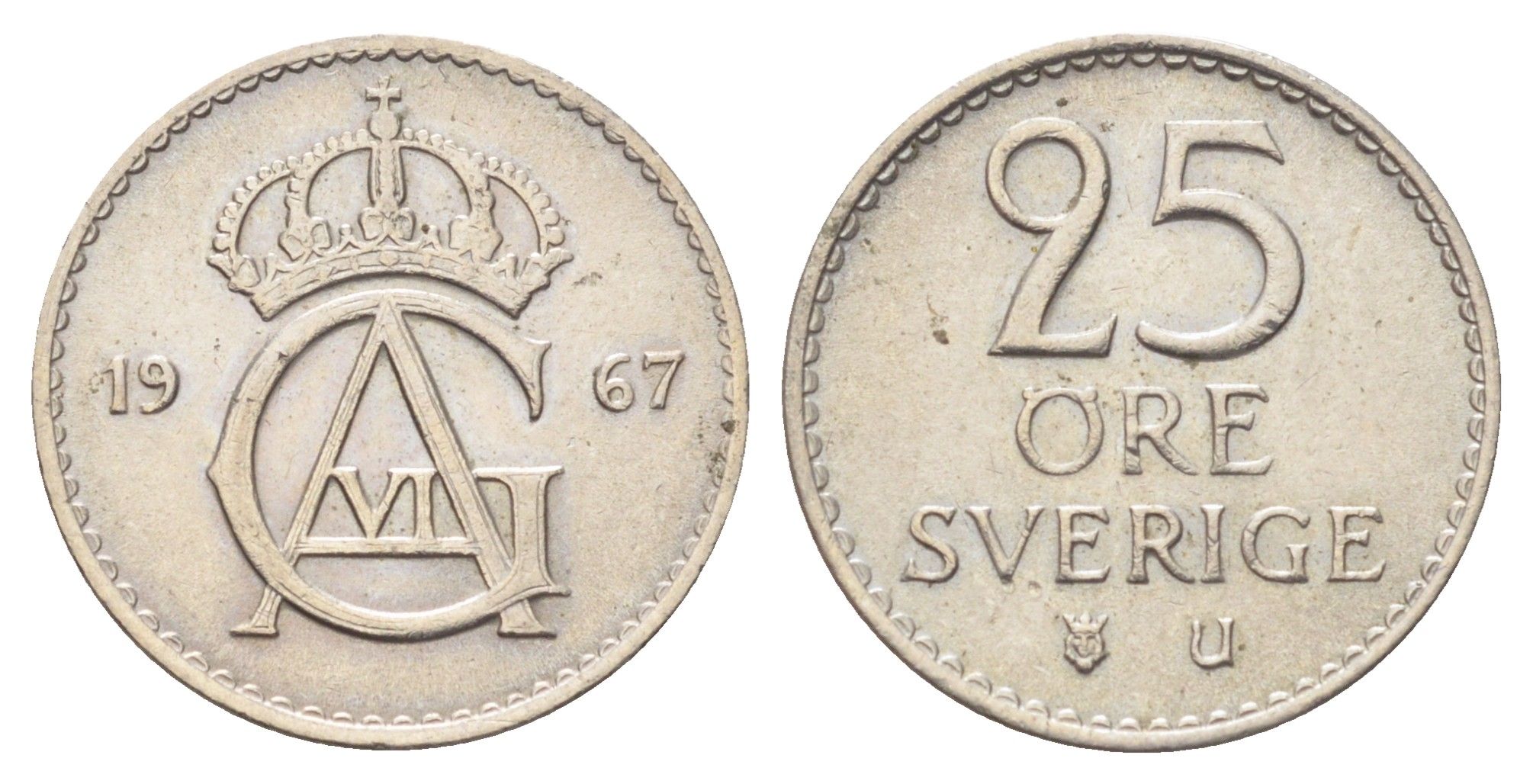 Швеция 25 эре 1967 Густав VI Адольф (1950-1973) KM 836 медно-никель UNC 4701-537