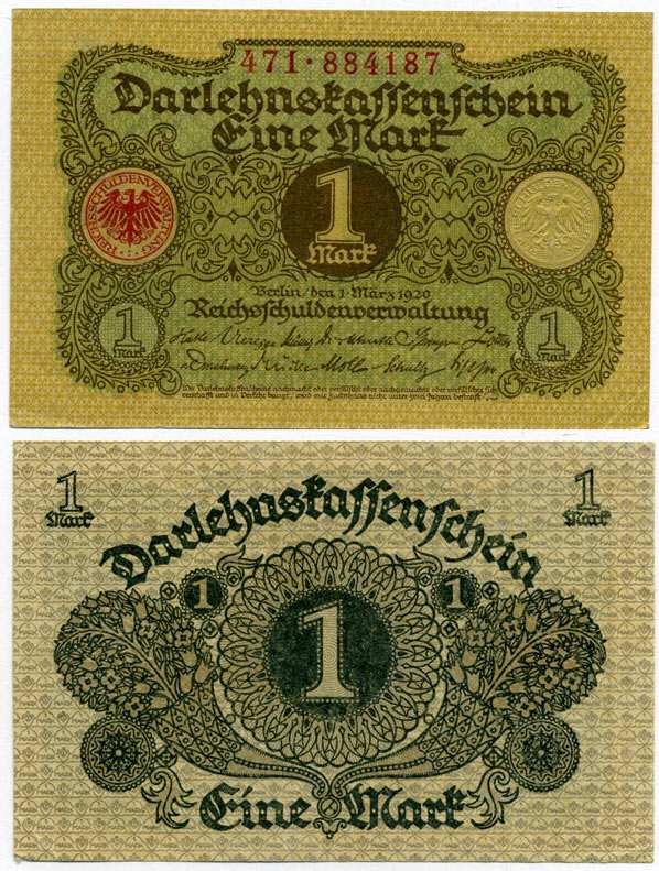 ГЕРМАНИЯ 1 МАРКА 1920 1 МАРТА 1920, ВЕЙМАРСКАЯ РЕСПУБЛИКА Pick 58, Rosenberg 64 бумага 8613-3-1-1