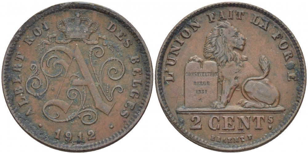 БЕЛЬГИЯ 2 САНТИМА 1912 BELGES KM 64 медь 110-213