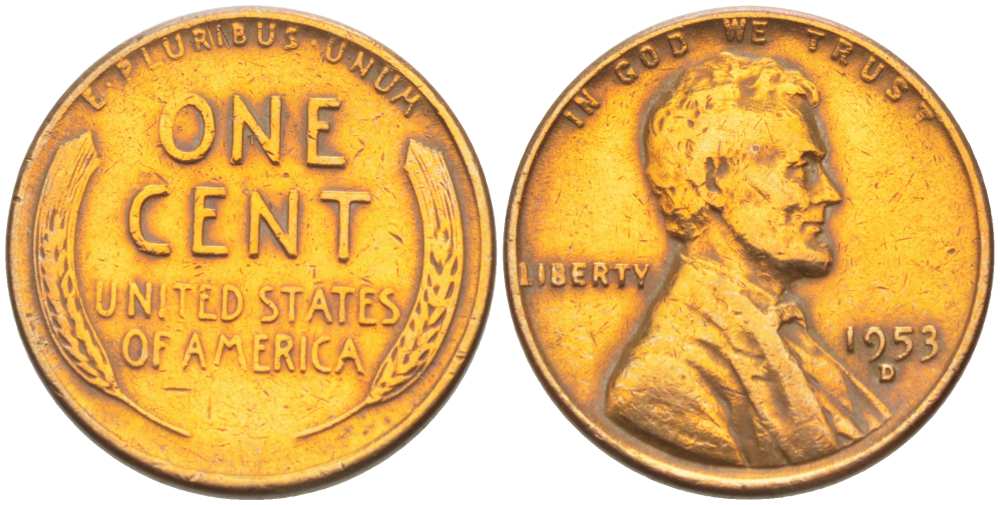 США 1 ЦЕНТ 1953 D, ЛИНКОЛЬН KM А132 медь цинк 218-628