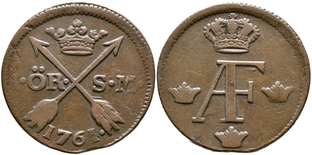 ШВЕЦИЯ 1 ЭРЕ 1761 S.M. KM 416.2 медь 51-4515