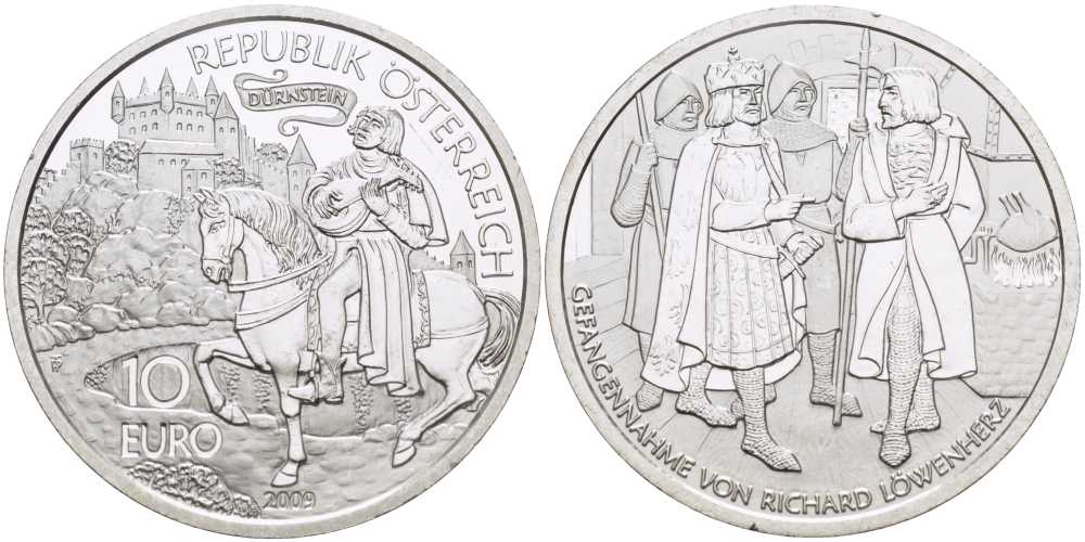 Австрия 10 евро 2009 серии сказки и легенды, Ричард Дьвиное сердце в Дюрнштайне KM 3180 серебро PROOF 1068-10-11