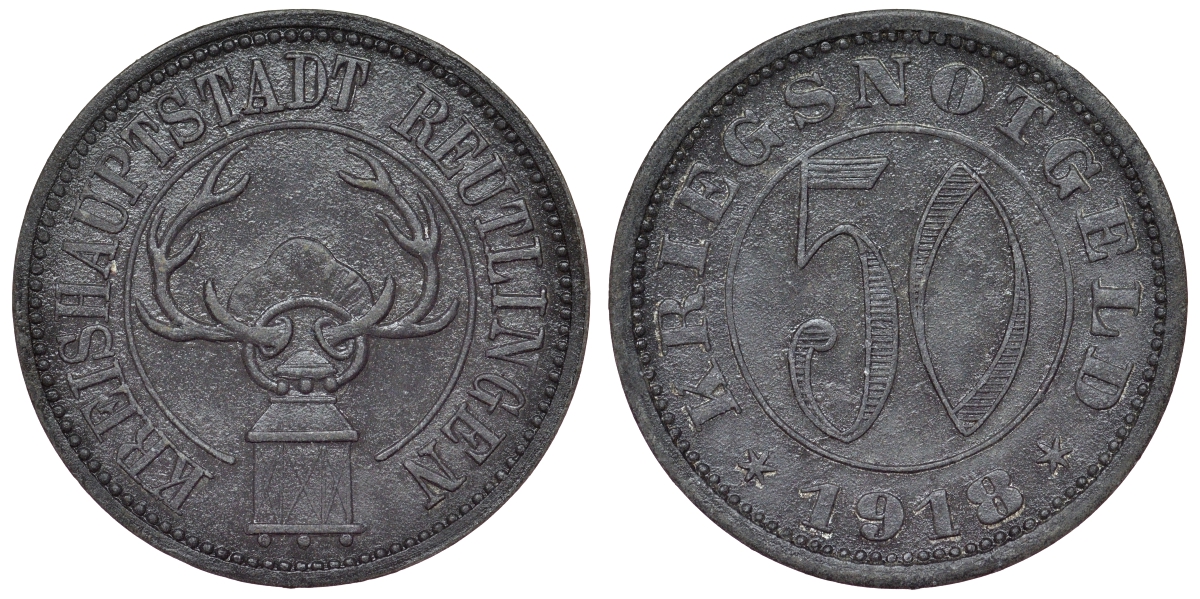 Германия, Ройтлинген 50 пфеннигов 1918 Баден-Вюртемберг, нотгельд Funck 446.1b цинк 4121-314