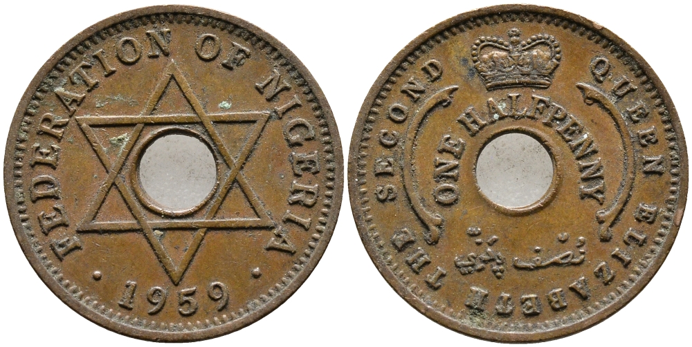 Нигерия 1/2 пенни 1959 Елизавета II (1952-), Британский протекторат KM 1 бронза 4387-216