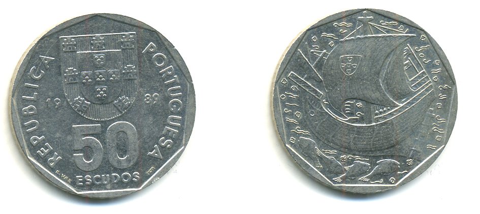 ПОРТУГАЛИЯ 50 ЭСКУДО 1989 КОРАБЛЬ KM 636 медно-никель 54-1323