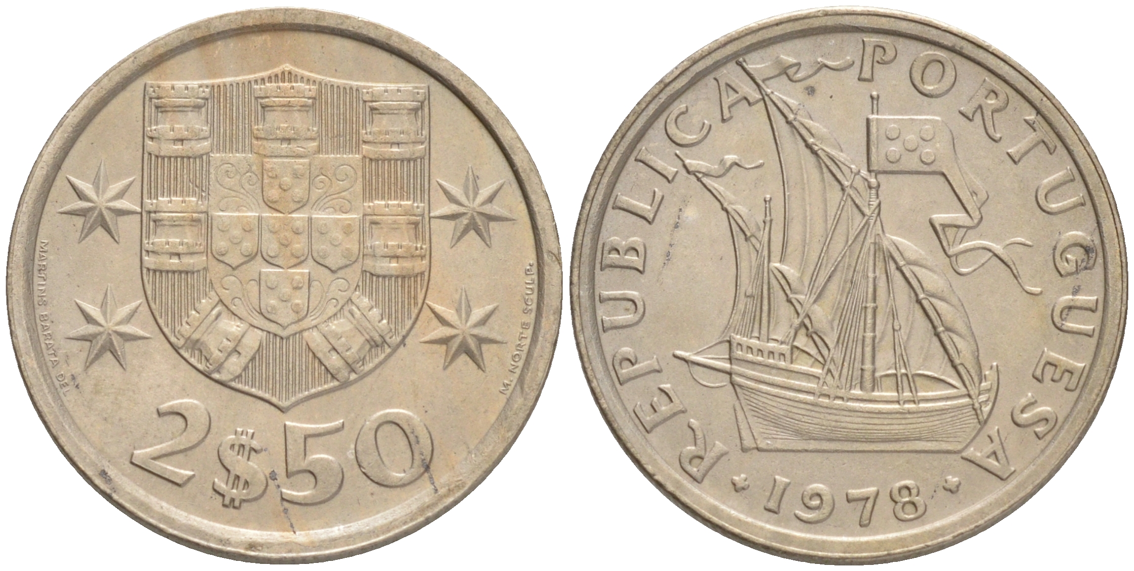 ПОРТУГАЛИЯ 2,5 ЭСКУДО 1978 ПАРУСНИК KM 590 медно-никель 192-813