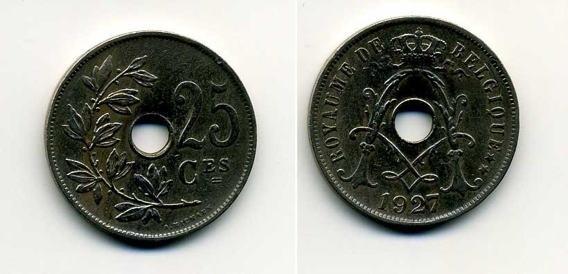 БЕЛЬГИЯ 25 САНТИМОВ 1927 BELGIQUE KM 68.1 медно-никель 37-1247