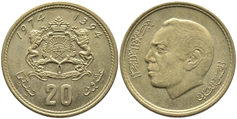 Марокко 20 сантимов 1974 AH1394, Аль Хассан II (1962-1999), KM 61 алюминиевая бронза 3336-1027