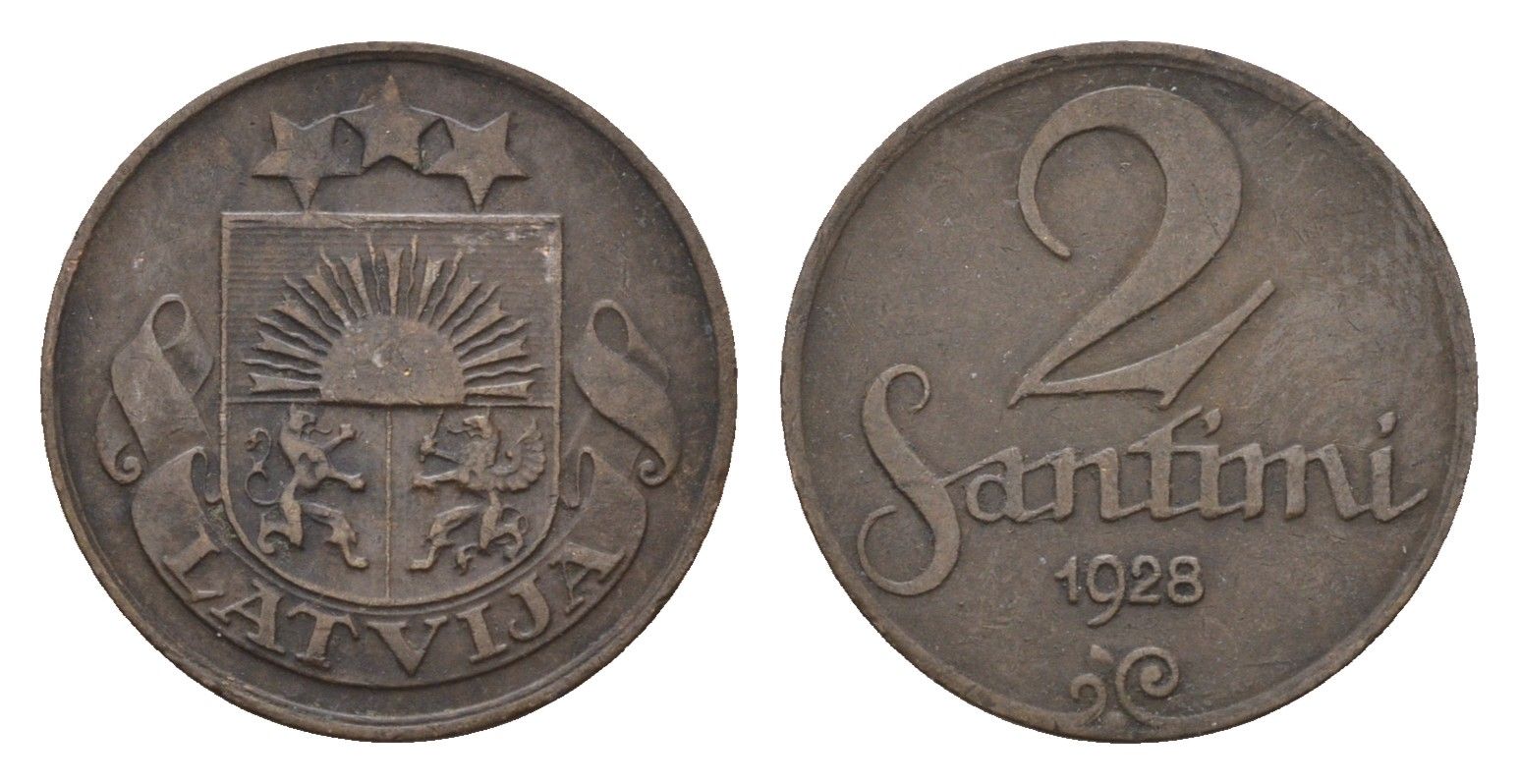Латвия 2 сантима 1928 KM 2 бронза 4689-922
