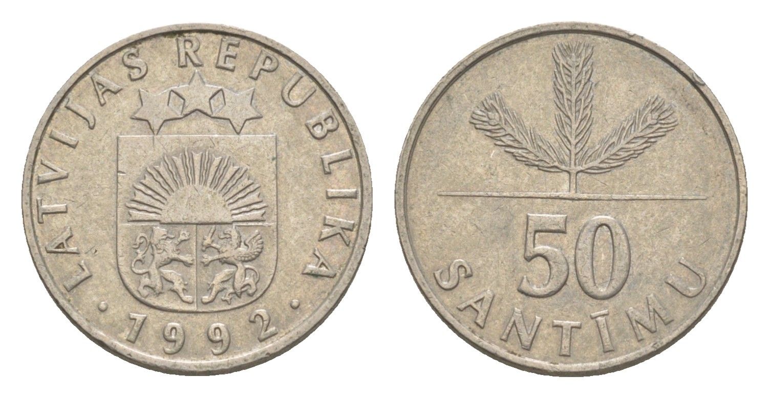 Латвия 50 сантимов 1992 KM 13 медно-никель 3996-1029
