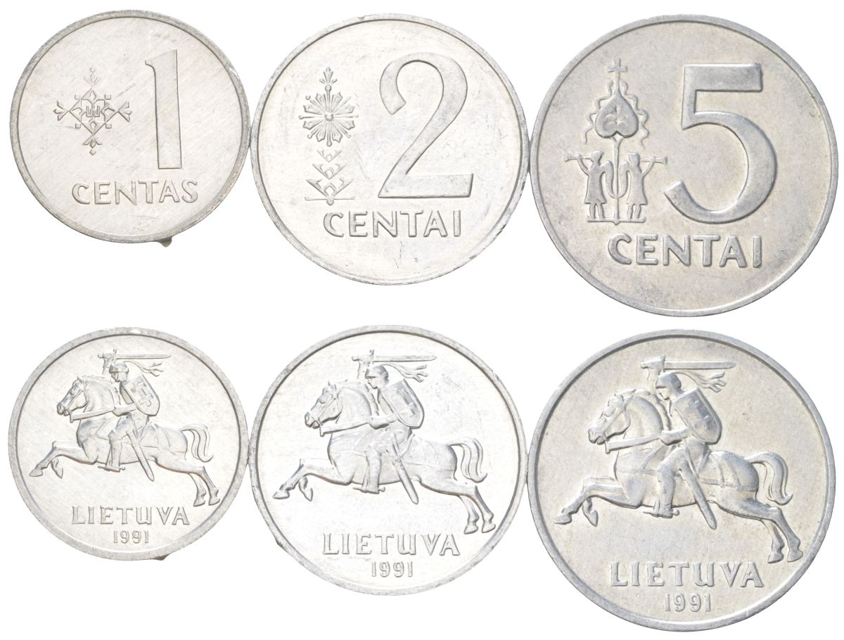 Литва набор из 3 монет (1, 2 и 5 центов) 1991 KM 85, 86 и 87 алюминий UNC 4624-641-643