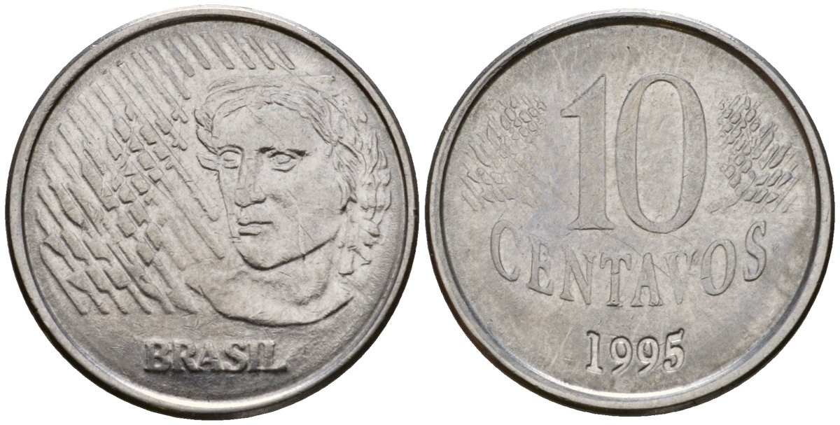 Бразилия 10 сентаво 1995 голова свободы KM 633 нержавеющая сталь 219-1112