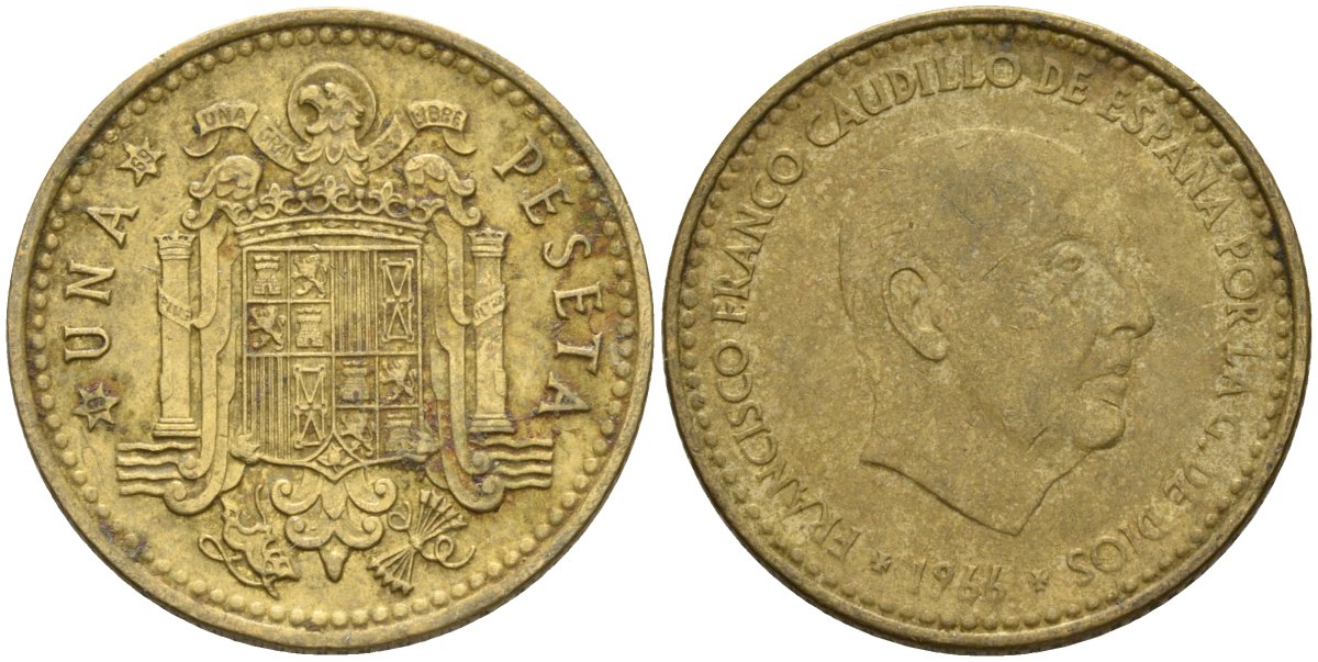 Испания 1 песета 1966 (69) Франсиско Франко (1939-1975) KM 796 алюминиевая бронза 4604-347