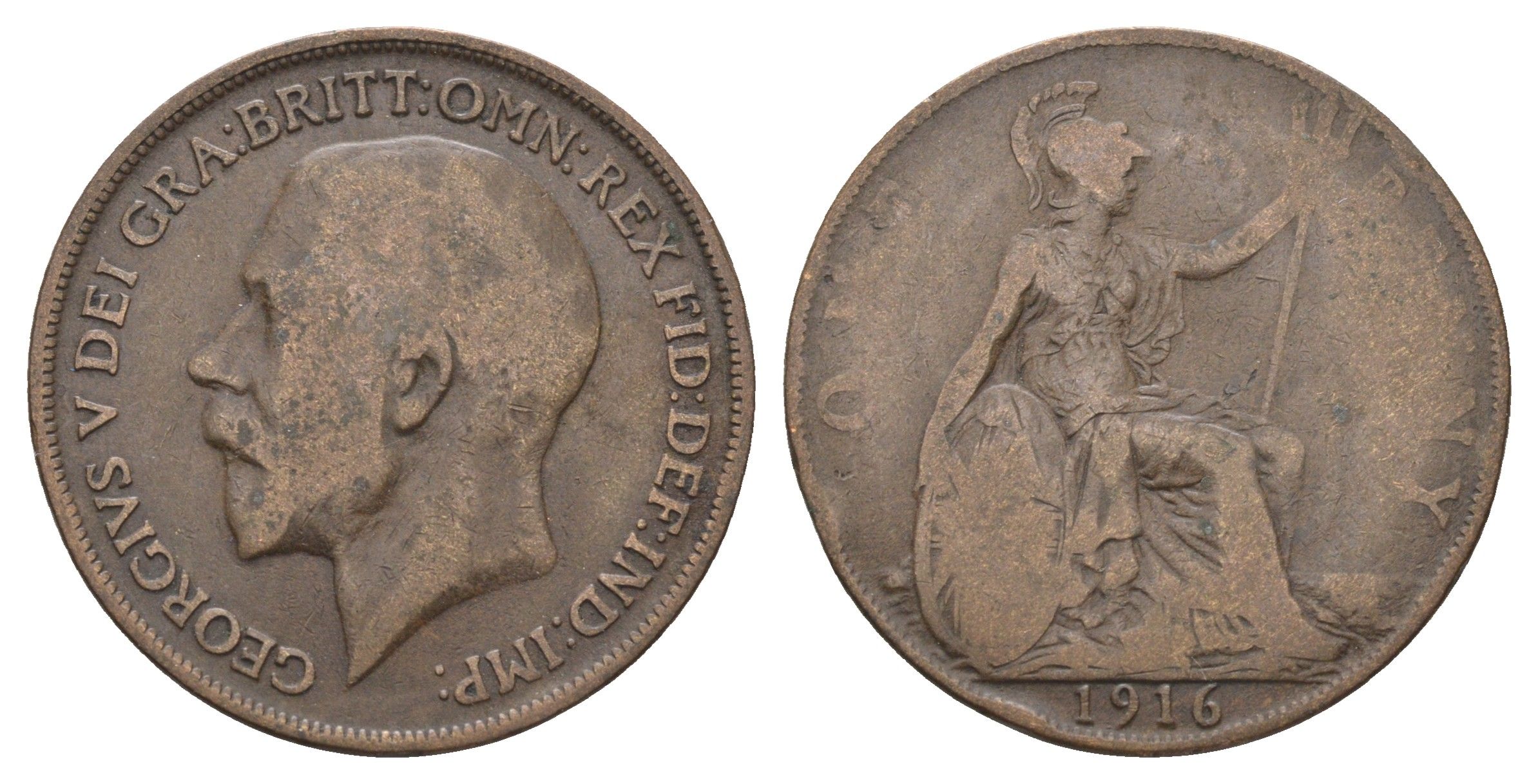 Великобритания 1 пенни 1916 Георг V (1910-1936) KM 810, Spink 4051 бронза 4661-526