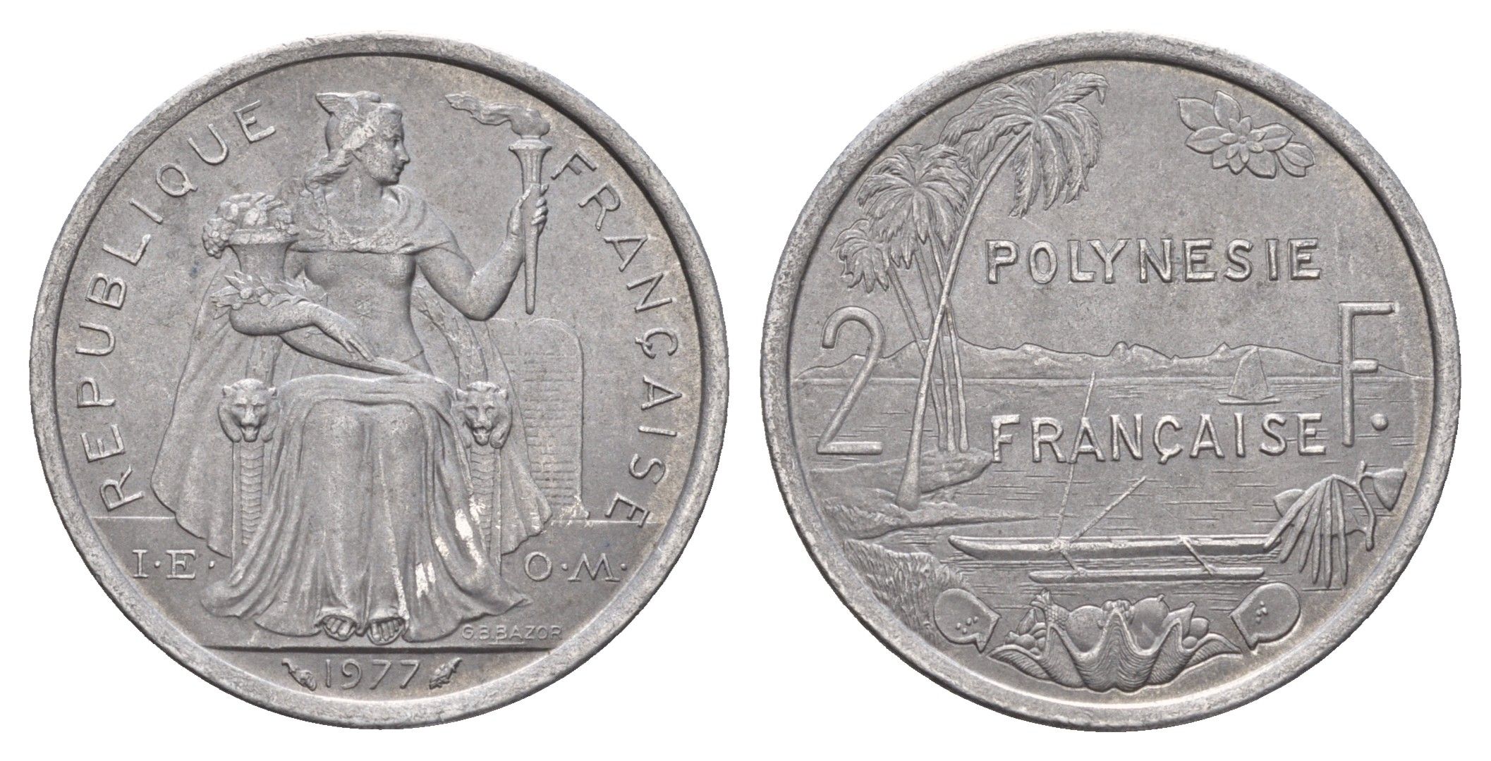 Французская Полинезия 2 франка 1977 KM 10 алюминий 179-915