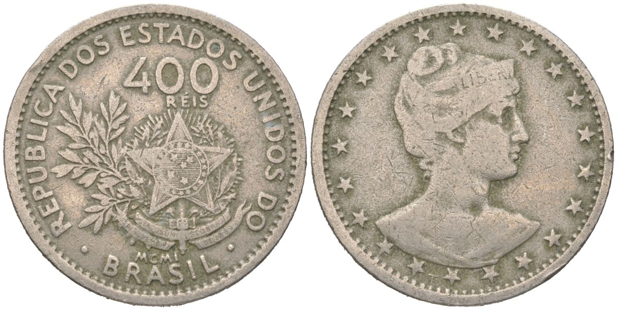 Бразилия 400 реалов 1901 MCMI, голова свободы вправо KM 505 медно-никель 4612-425