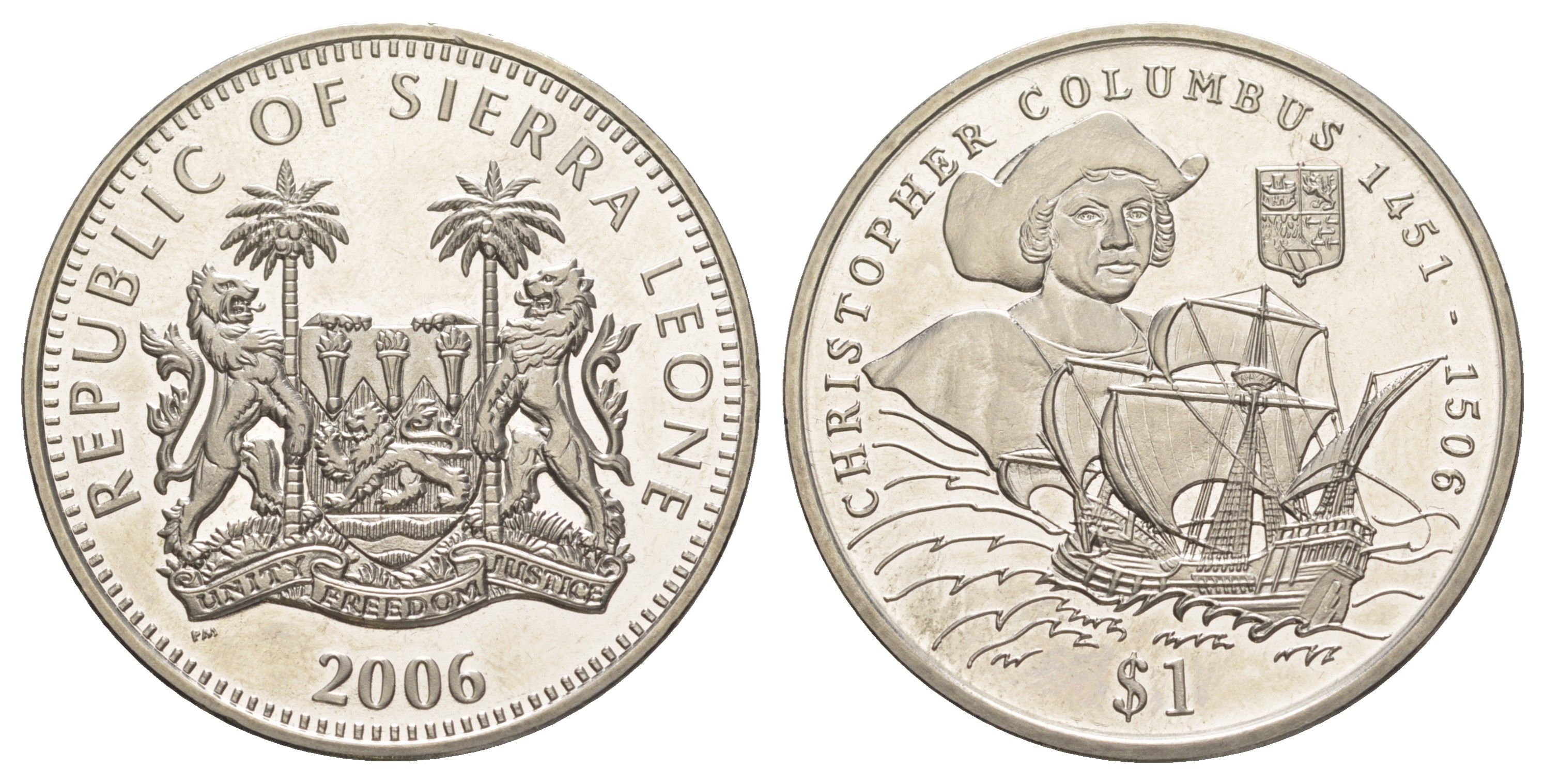 Сьерра-Леоне 1 доллар 2006 Христофор Колумб KM 404 медно-никель BU 00-1067-2-22