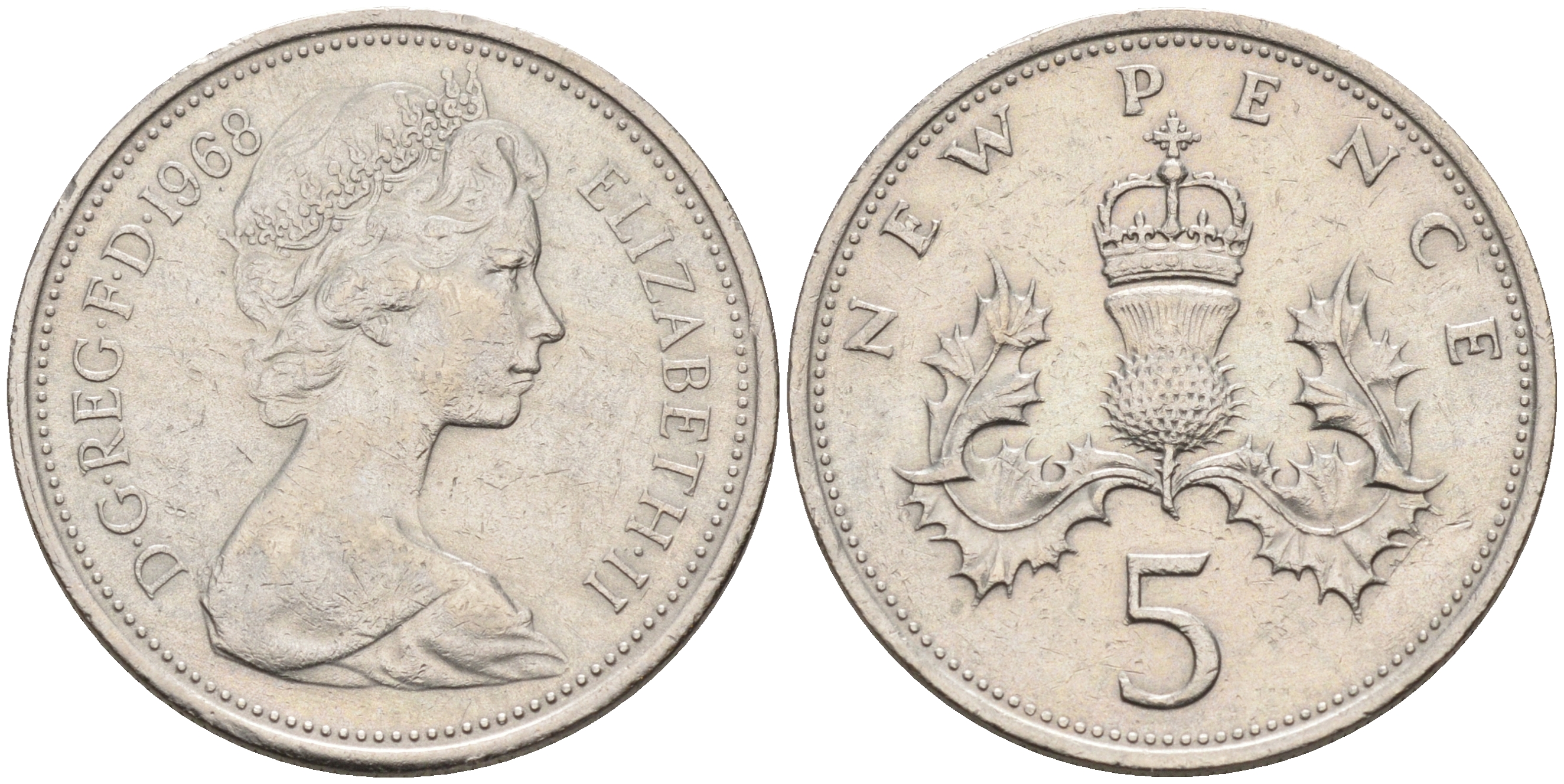 Великобритания 5 пенсов 1968 Елизавета II (1952-2022) KM 911, Spink 4233 (D1) медно-никель 4592-337