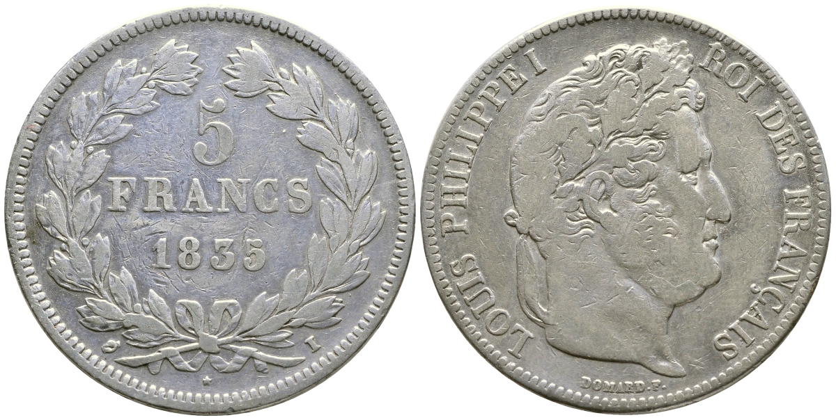 Франция 5 франков 1835 I, Луи Филипп I (1830-1848) KM 749.6 серебро 1066-6-22