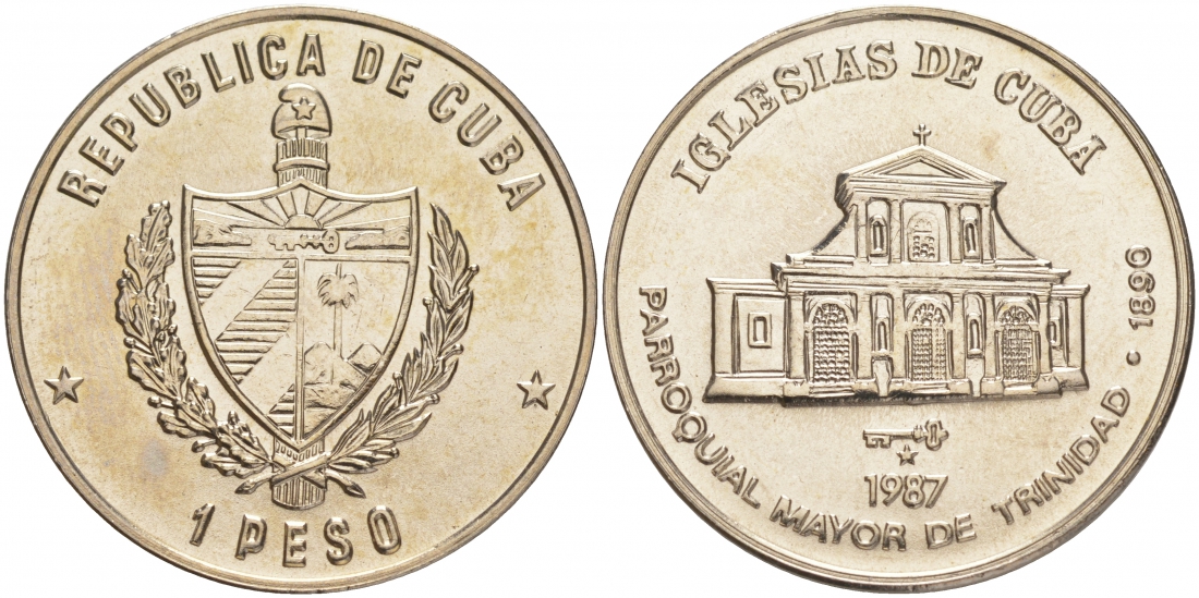 Куба 1 песо 1987 серия церкви Кубы, церковь Святой Троицы в Тринидаде KM 152 медно-никель UNC 1526-833 M36-1