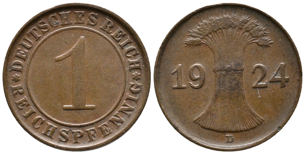 ГЕРМАНИЯ 1 РЕЙХСПФЕННИГ 1924 D KM 37, J. 313 бронза 39-846