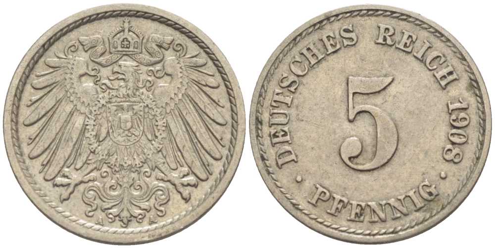 Германия 5 пфеннигов 1908 A KM 11, Jager 12, Weege 6 медно-никель 100-1116