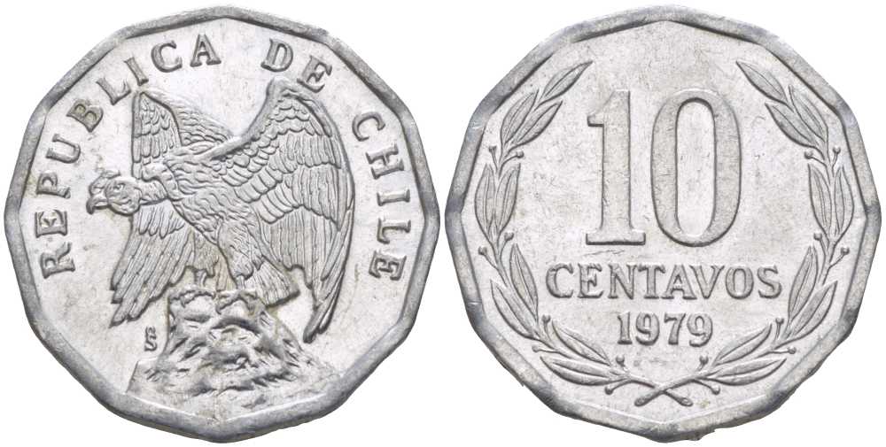 Чили 10 сентаво 1979 KM 205a алюминий 4402-445