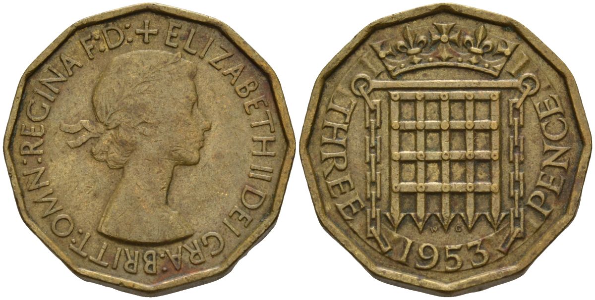 Великобритания 3 пенса 1953 Елизавета II (1952-2022) KM 886, Spink 4152 никель латунь 4153-731