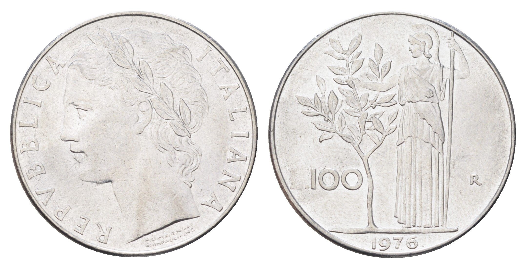 Италия 100 лир 1976 R, Афина в доспехах KM 96.1 нержавеющая сталь 4704-726