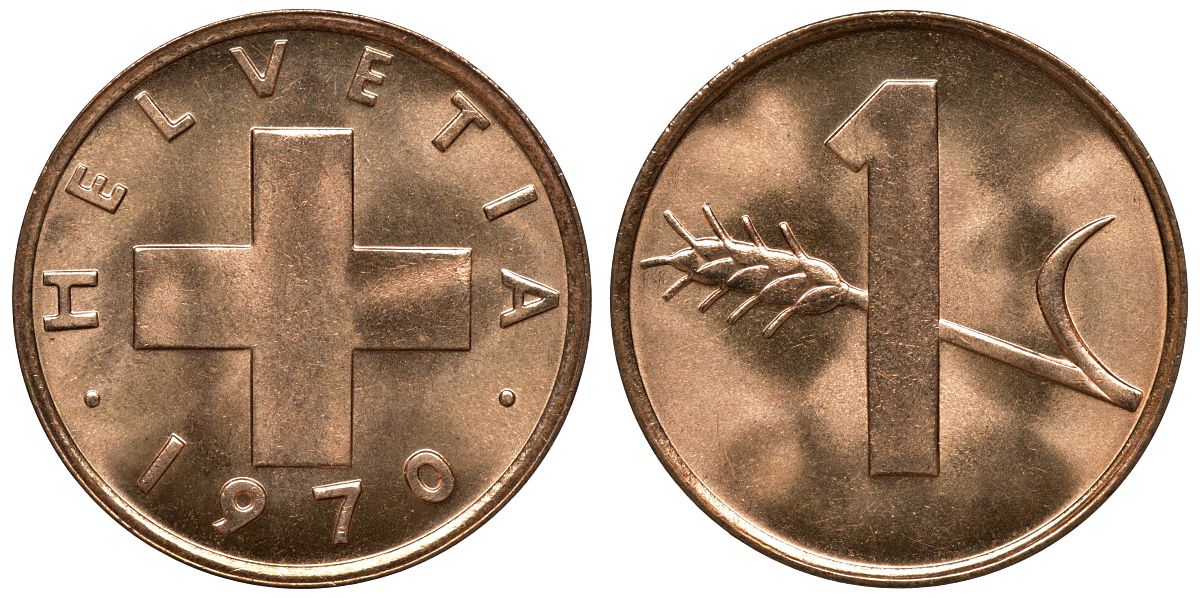 Швейцария 1 раппен 1970 KM 46 бронза UNC M63-07