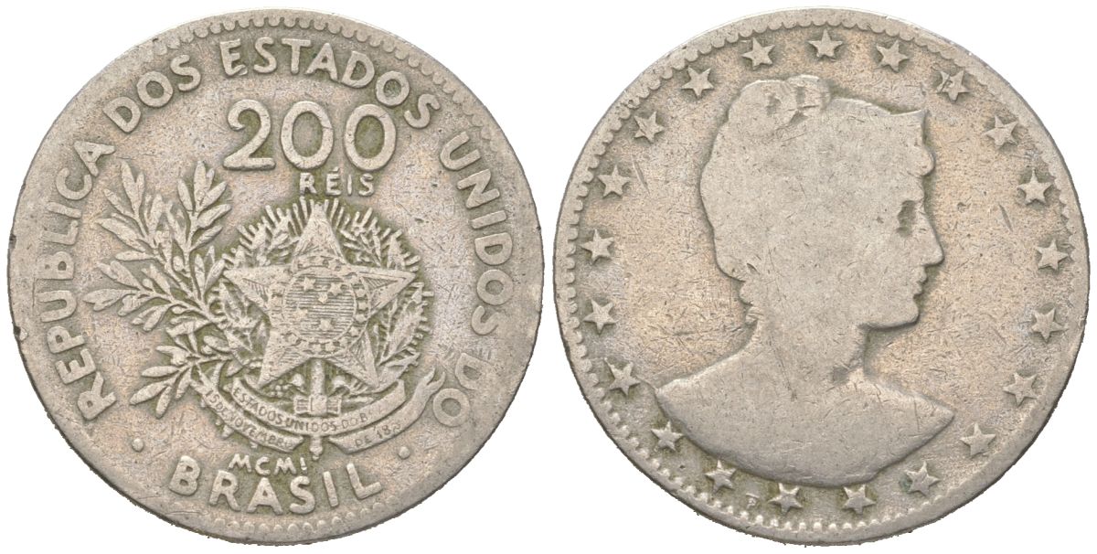 Бразилия 200 реалов 1901 MCMI, голова свободы вправо KM 504 медно-никель 4612-245