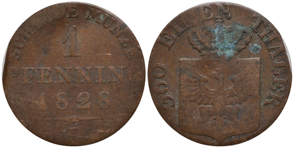 Пруссия 1 пфенниг 1828 D, Фридрих Вильгельм III (1797-1840) KM 405 медь 4549-321