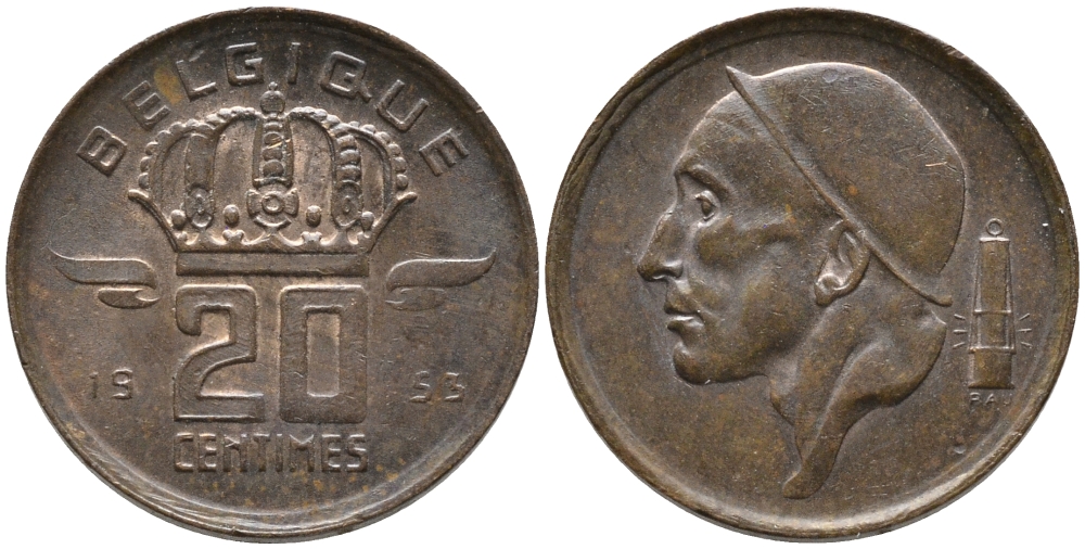 БЕЛЬГИЯ 20 САНТИМОВ 1953 BELGIQUE KM 146 бронза 99-1168