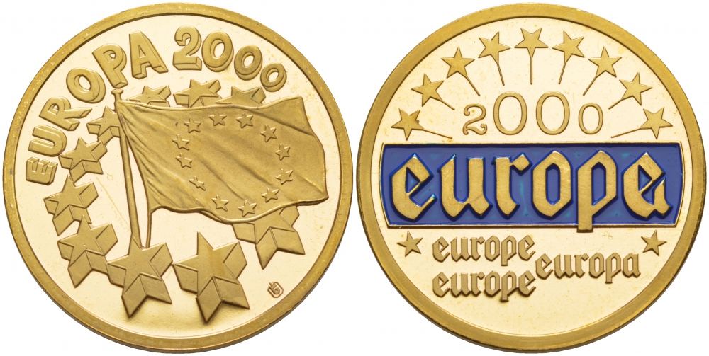 ЕВРОПА МЕДАЛЬ 2000 ЭКЮ, ЕВРОПА, ДИАМЕТР 30 ММ., ВЕС 12,3 ГР., ЭМАЛЬ медно-никель PROOF 1088-6-61