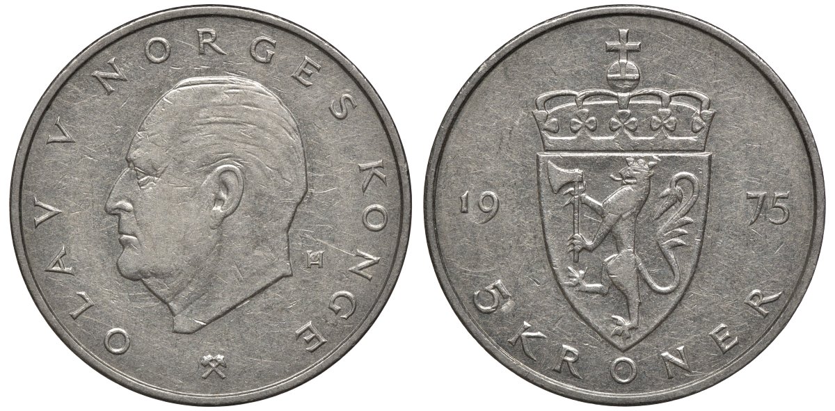 Норвегия 5 крон 1975 Улаф V (1958-1991) KM 420 медно-никель 81-832