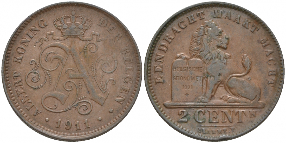 БЕЛЬГИЯ 2 САНТИМА 1911 BELGEN, LARGE DATE KM 65 медь 68-725