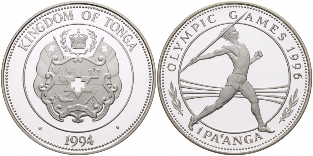 Тонга 1 паанга 1994 XXVI Олимпийские игры 1996 года в Атланте, копьеметатель KM 159 серебро PROOF 11-101-33