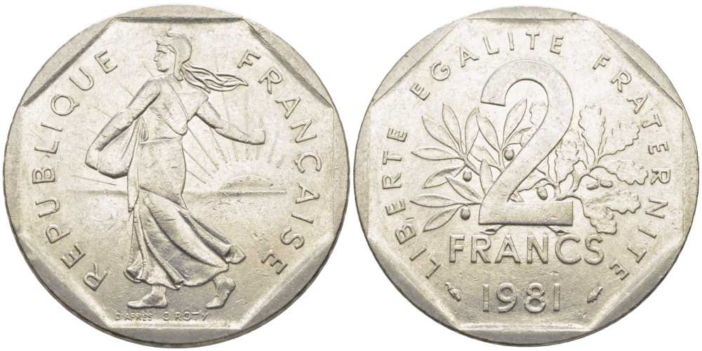 ФРАНЦИЯ 2 ФРАНКА 1981 СЕЯТЕЛЬ KM 942.1, LE FRANC 272.5 никель 111-1115