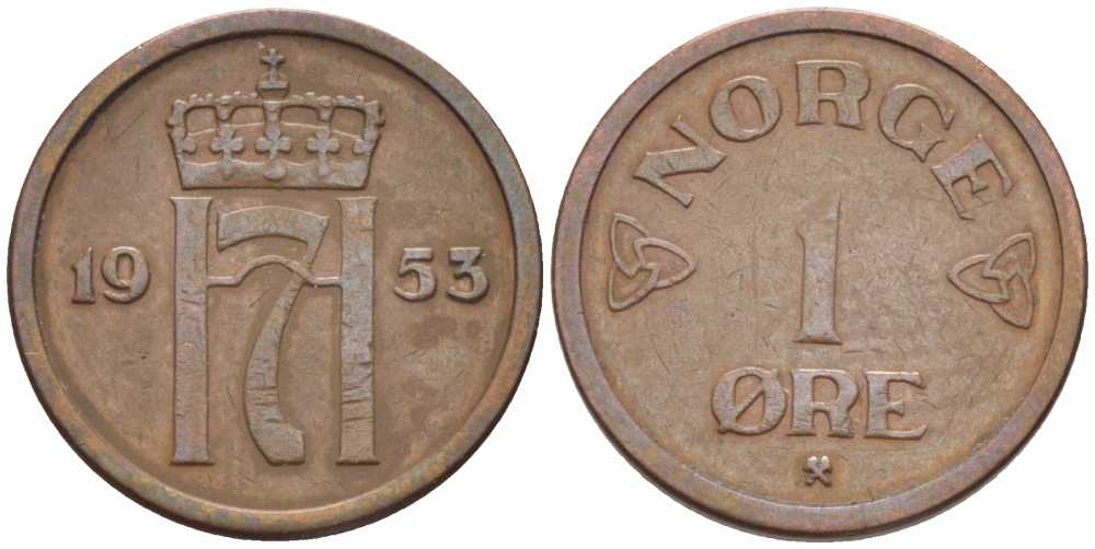 НОРВЕГИЯ 1 ЭРЕ 1953 ХОКОН VII (1905-1957) KM 398 бронза 116-1065