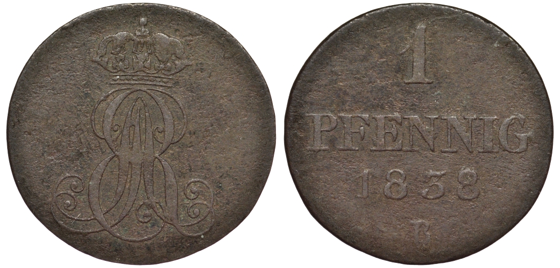 Ганновер 1 пфенниг 1838 B, Эрнст Август (1837-1851) KM 173.2, AKS 127, J. 54 медь 75-827