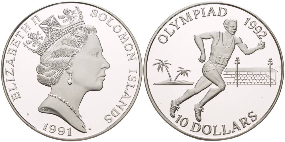 Соломоновы острова 10 долларов 1991 XXV Олимпийские игры 1992 года в Барселоне, бег KM 48 серебро PROOF 1081-8-34