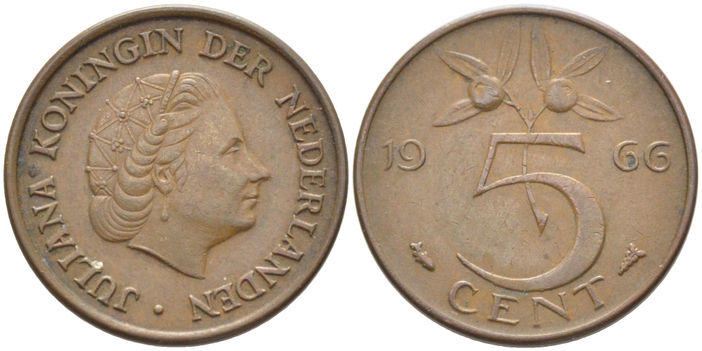 НИДЕРЛАНДЫ 5 ЦЕНТОВ 1966 ЮЛИАНА KM 181 бронза 3856-454