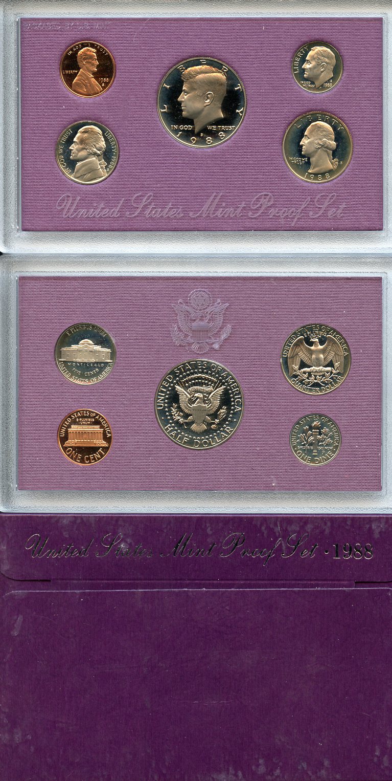 США официальный набор из 5 монет, в пластике 1988 S, Джон Кеннеди, в твердом пластике KM PS 159   PROOF  8-2-04-29