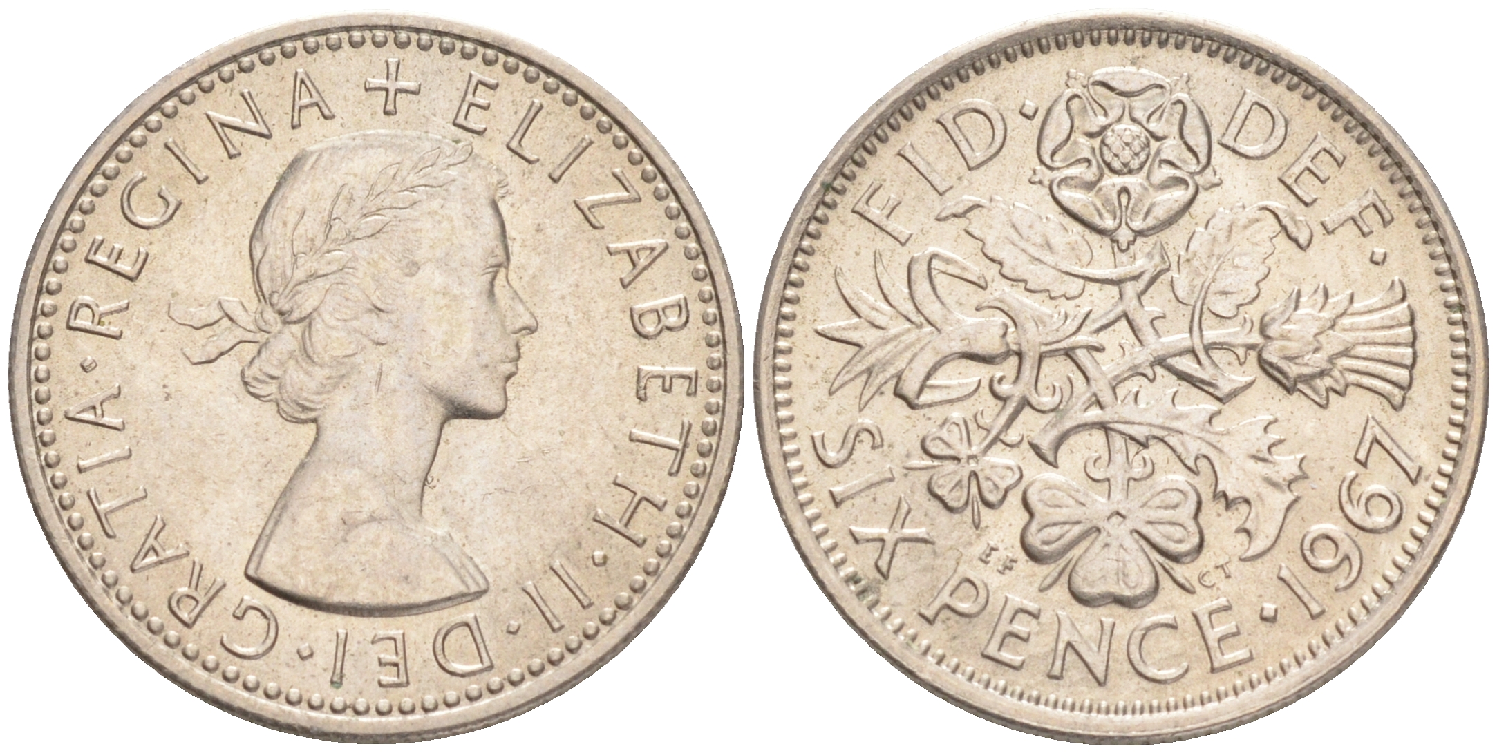 Великобритания 6 пенсов 1967 Елизавета II (1952-2022) KM 903, Spink 4149 медно-никель UNC 192-243