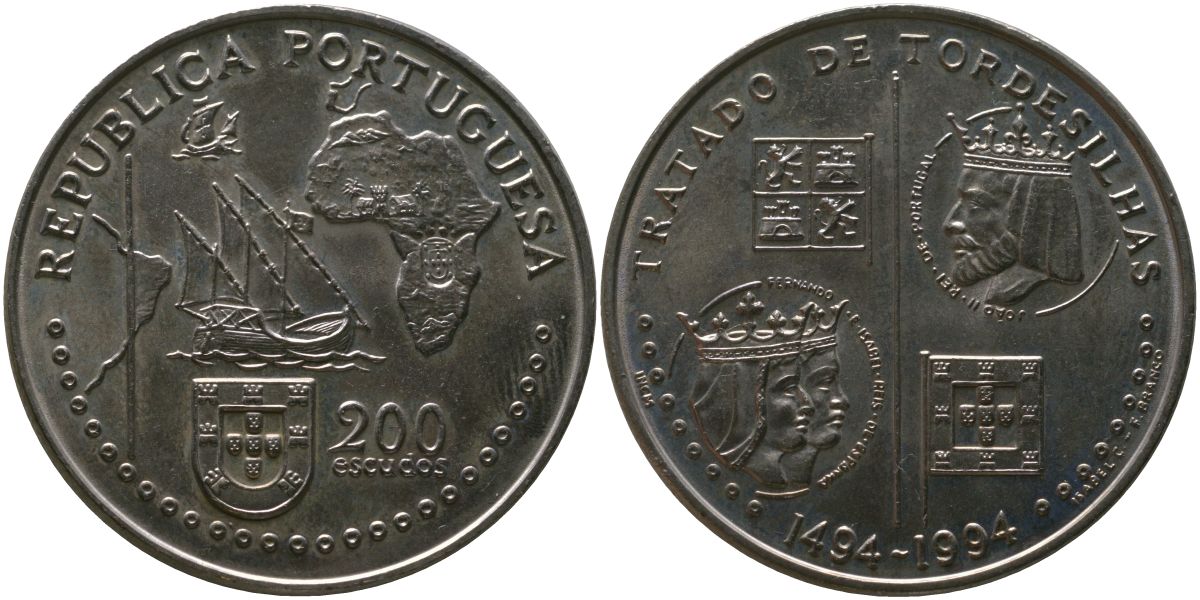 Португалия 200 эскудо 1994 INCM, 500 лет с момента заключения Тордесильясского договора KM 671 медно-никель aUNC 00-00